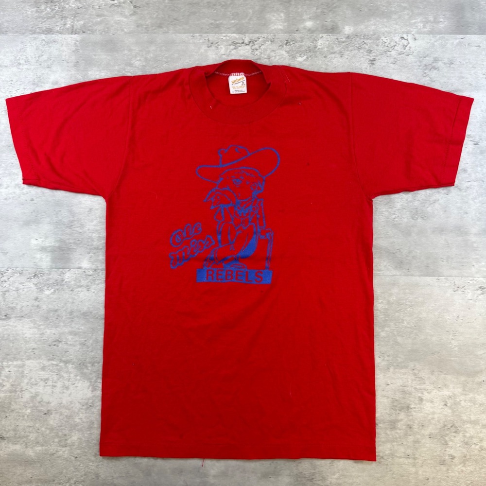 Vintage 80s Ole Miss Rebels Sportswear T-Shirt Red Medium USA Made Single Stitch